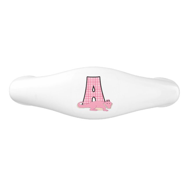 Letter A with Pink Alligator for Girls Ceramic Drawer Pull (Front)