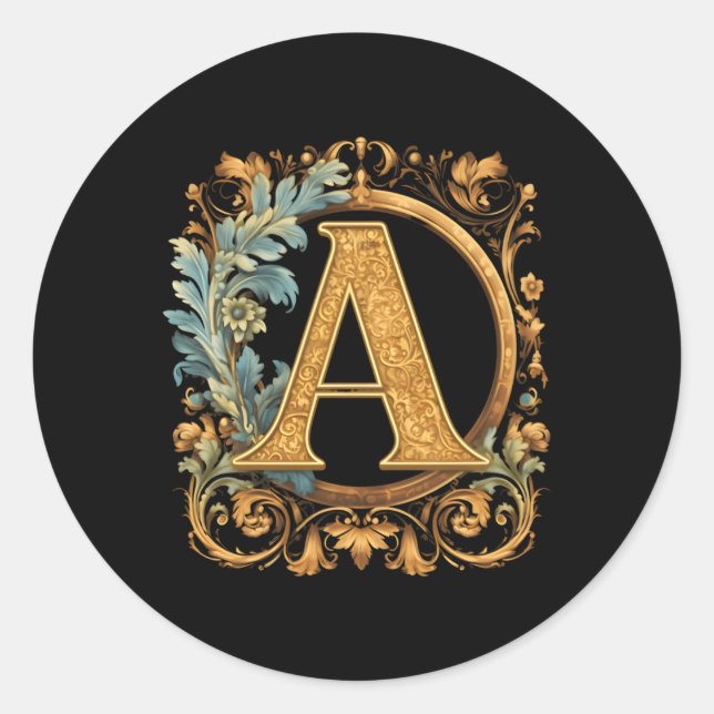 Letter A With Scrolling And Blue Floral Edge Classic Round Sticker (Front)
