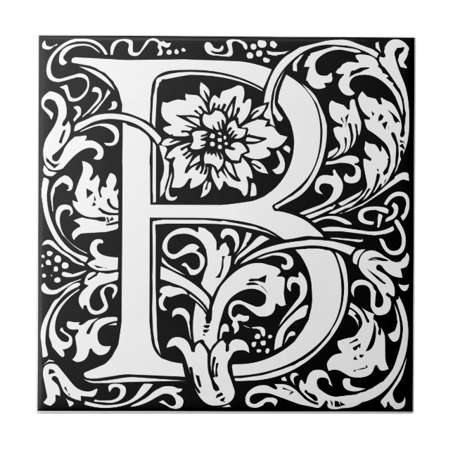 Letter B art nouveau black and white Tile (Front)