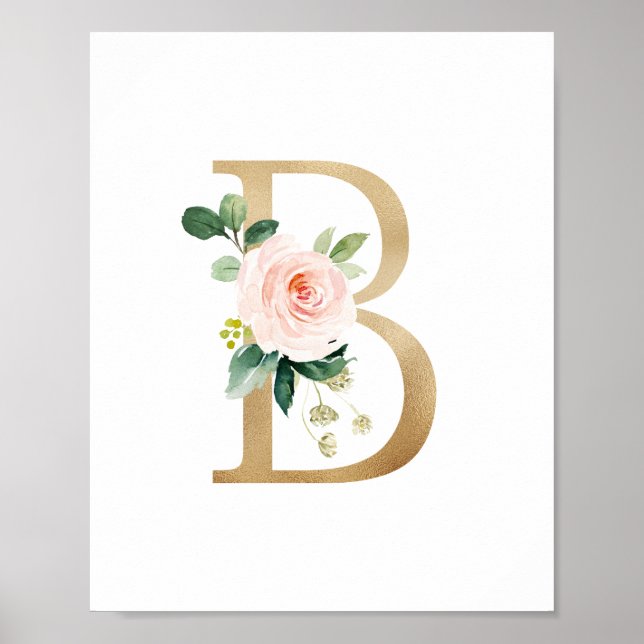 Letter B Blush Floral Monogram Faux Gold Foil Poster (Front)