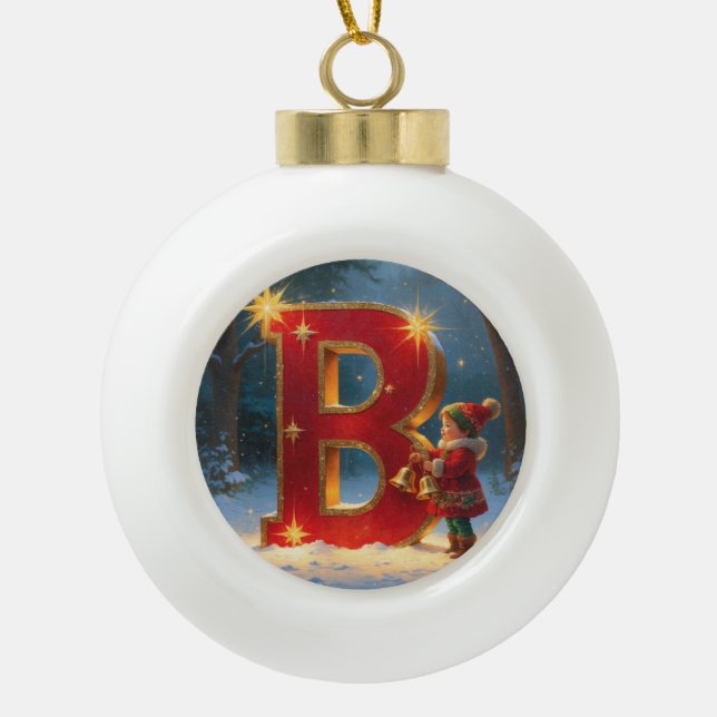 Letter B Christmas Bell Personalised Initial Ceramic Ball Christmas Ornament (Front)