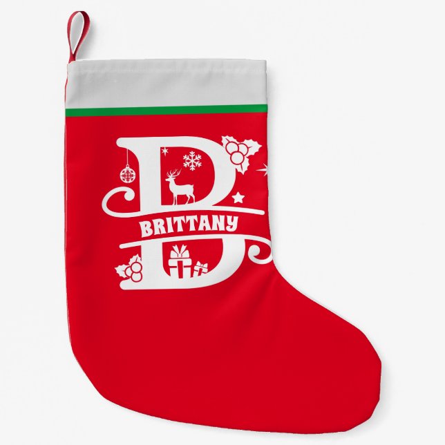 Letter B Christmas Monogram Initial Name Red White Small Christmas Stocking (Front)