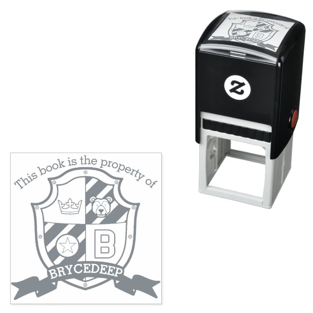 Letter B crest custom name bear kids library stamp (In Situ)