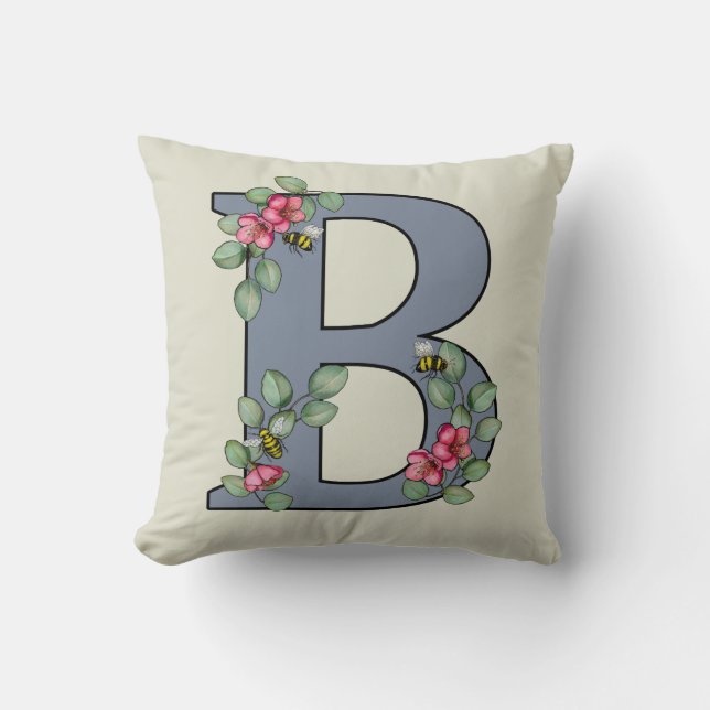 Letter B Decorated Initial Bees and Flowers Cushion (Front)