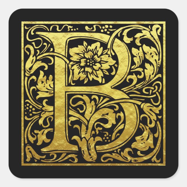 Letter B First Letter Faux Gold Black Square Sticker (Front)