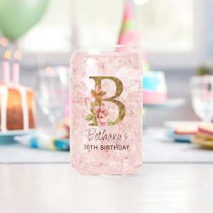 Letter B Gold Monogram Blush Pink Roses Can Glass