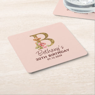 Letter B Gold Monogram Blush Pink Roses Square Paper Coaster