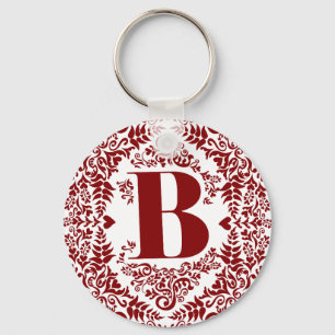 Letter B in Unique Modern Red Heart Floral Border Key Ring