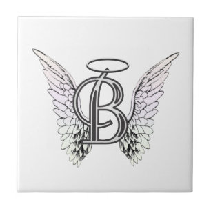 Letter B Initial Monogram with Angel Wings & Halo Ceramic Tile