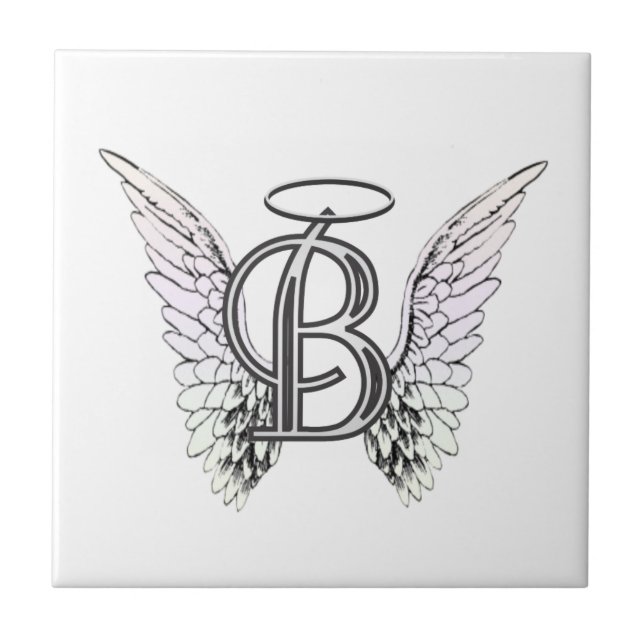 Letter B Initial Monogram with Angel Wings & Halo Ceramic Tile (Front)