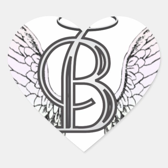 Letter B Initial Monogram with Angel Wings & Halo Heart Sticker (Front)