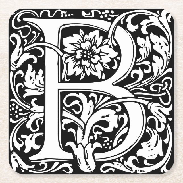 Letter B Mediaeval Monogram Art Nouveau Square Paper Coaster (Front)