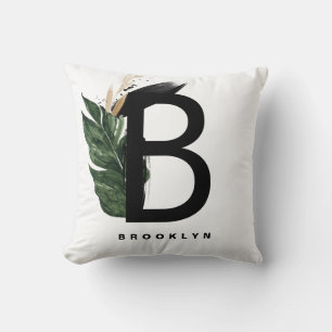 Letter B Monogram Gold Foil Tropical Leaves Cushion