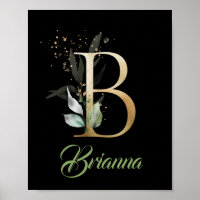 Letter B monogram greenery eucalyptus gold black