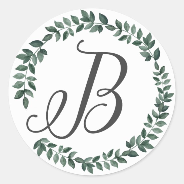 Letter B Monogram Minimalist Botanical Leaf Wreath Classic Round Sticker (Front)