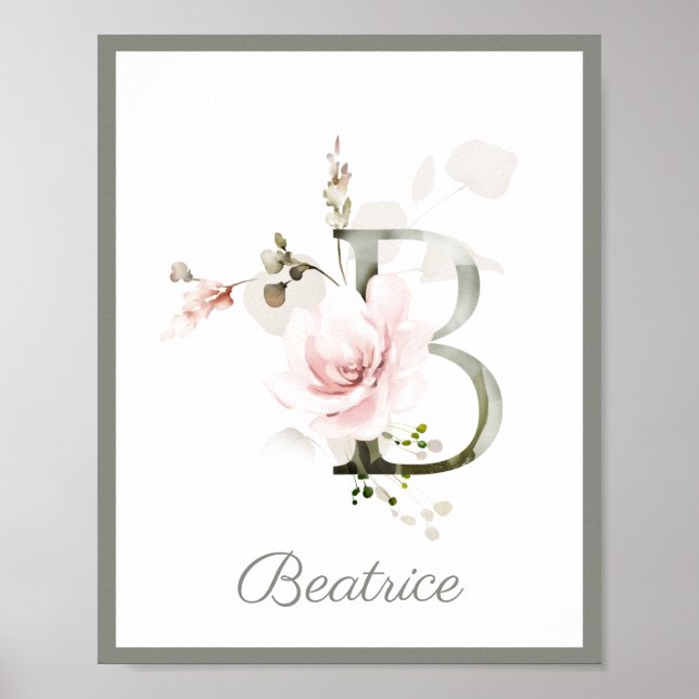 Letter B Monogram Pink Rose Foliage Nursery Poster (Front)