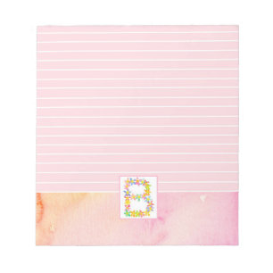 Letter B Monogram Pink Watercolor Flowers Lined Notepad