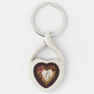 Letter B Vintage Red rose and Golden leaves Heart Key Ring