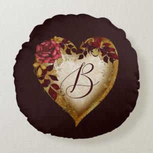 Letter B Vintage Red rose and Golden leaves Heart Round Cushion