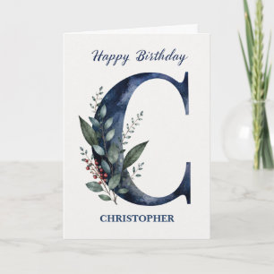 Letter C Birthday for Him Personalised Name Blue Card