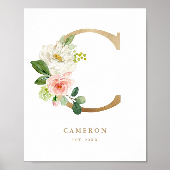 Letter C Blush Floral Monogram Gold Foil Nursery Poster (Front)