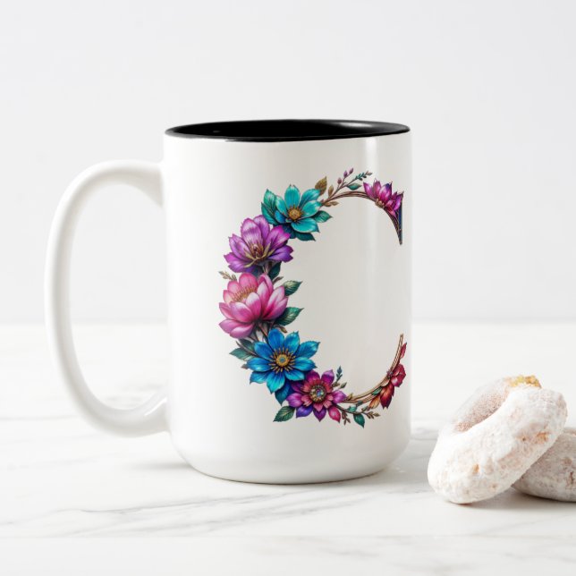 Letter C Coffee Mug – Floral Design for Gifting (With Donut)