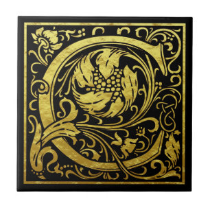 Letter C First Letter Faux Gold Black Ceramic Tile