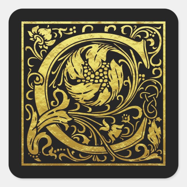Letter C First Letter Faux Gold Black Square Sticker (Front)