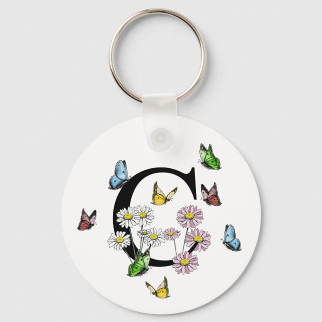 Letter C Floral Butterfly Monogram Initial   Key Ring (Front)
