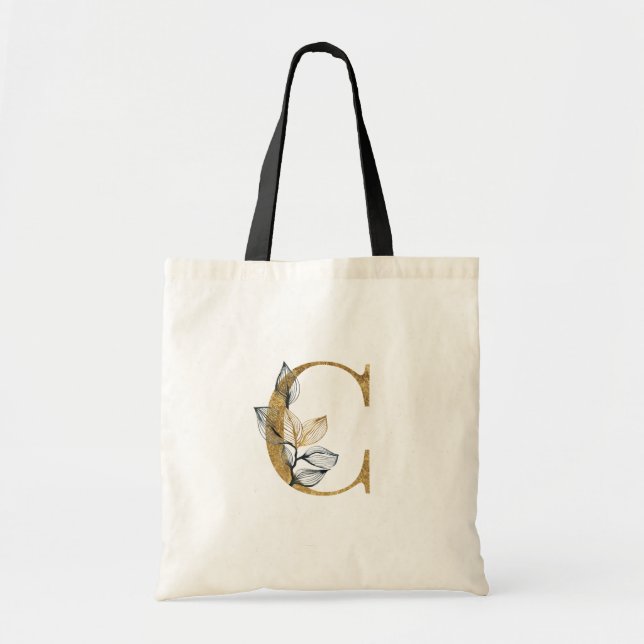*~* Letter C Gold Monogram Initial Black Leaves Tote Bag (Front)