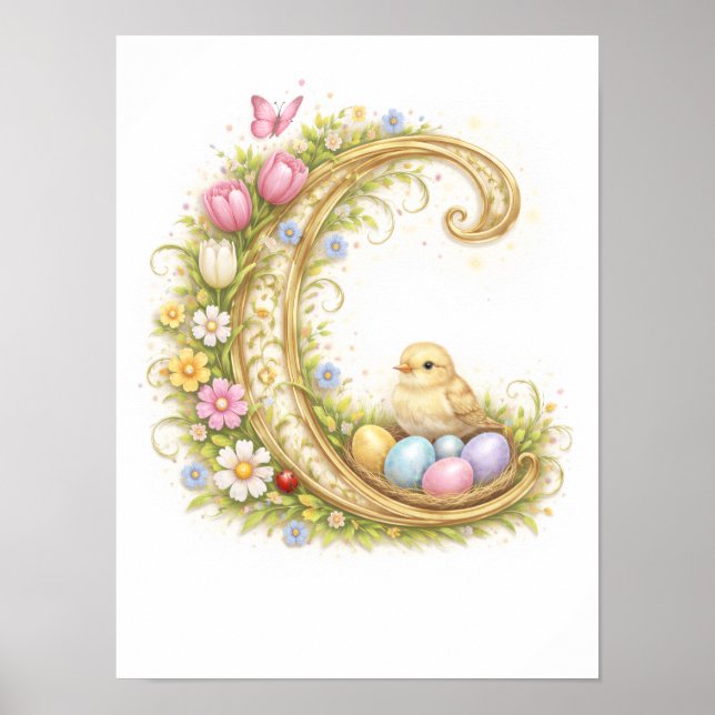 Letter C Gold Spring Baby Chick Monogram Poster (Front)