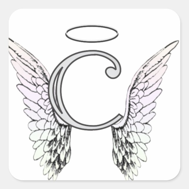 Letter C Initial Monogram with Angel Wings & Halo Square Sticker (Front)