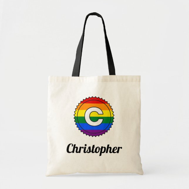 Letter C Initial & Name Gay Pride Rainbow Monogram Tote Bag (Front)