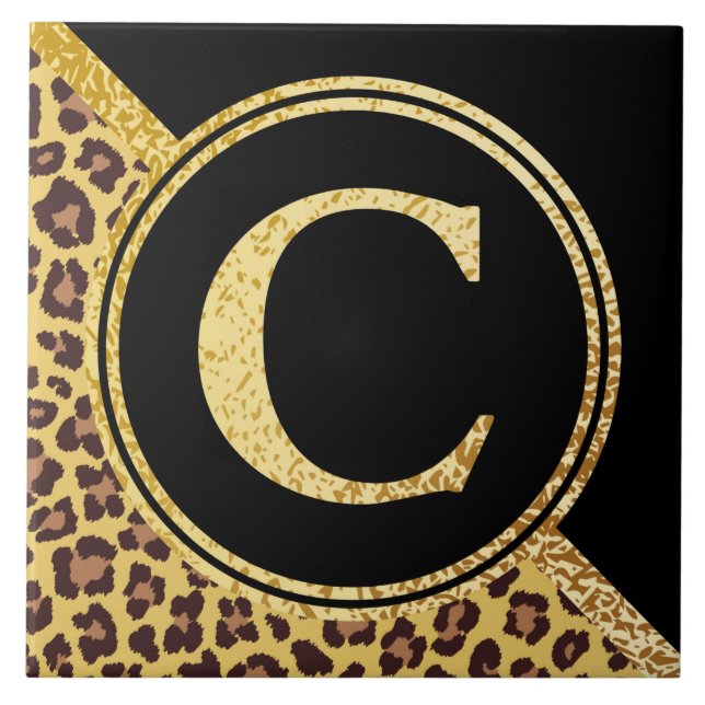 Letter C Monogram Leopard Print Gold and Black Ceramic Tile (Front)