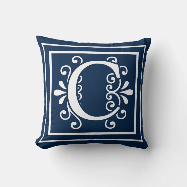 Letter C Monogram Navy Blue White Cushion (Front)