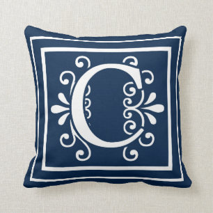 Letter C Monogram Navy Blue White Cushion