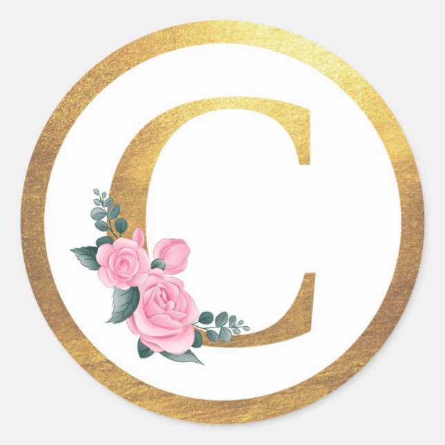 Letter C Monogram Pink Roses Floral & Elegant Gold Classic Round Sticker (Front)