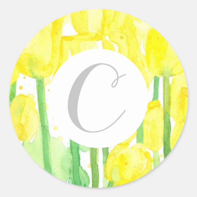 Letter C Monogram Yellow Tulip Flowers Classic Round Sticker (Front)