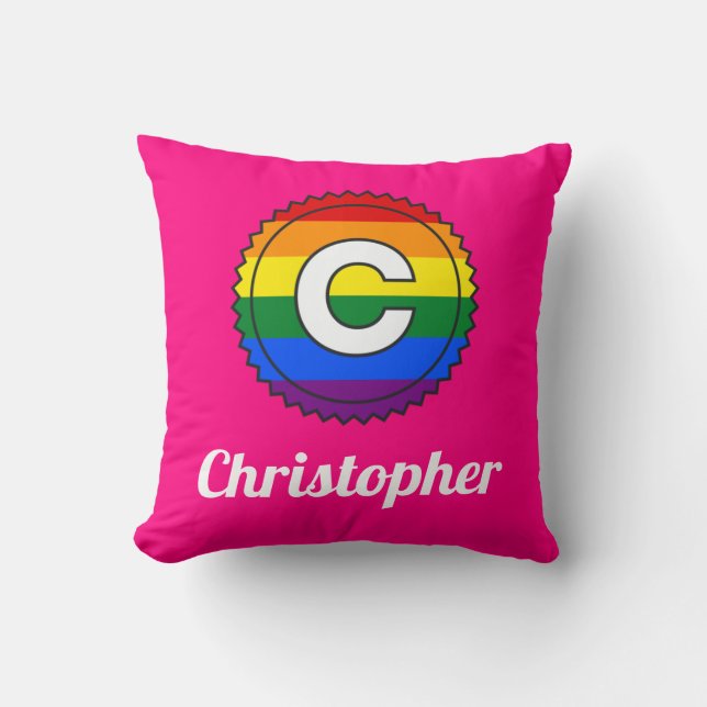 Letter C & Name Gay Pride Rainbow Monogram - Pink Cushion (Front)
