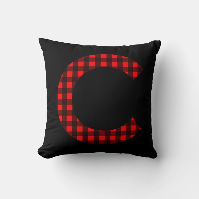 Letter C Red and Black Buffalo Plaid Cushion (Front)