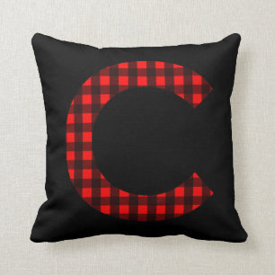 Letter C Red and Black Buffalo Plaid Cushion