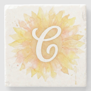 Letter C Sunflower First Name Monogram Initial Stone Coaster