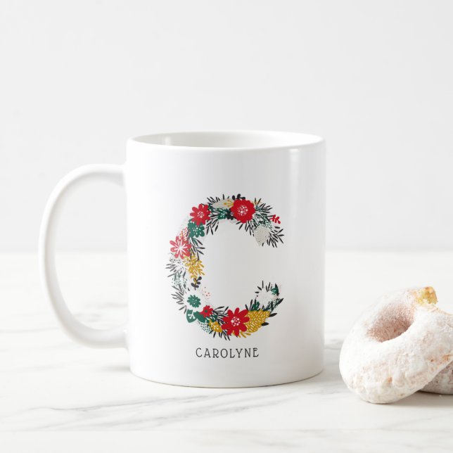 Letter C | Whimsical Floral Letter Monogram I Mug (With Donut)