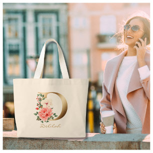Letter D Elegant Floral Gold Monogram Large Tote Bag
