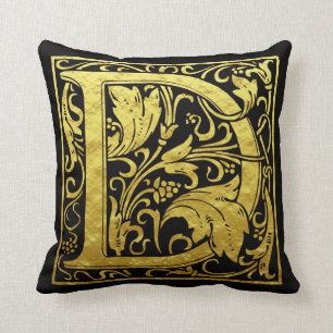 Letter D First Letter Faux Gold and Black Cushion