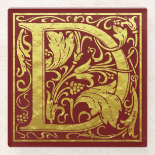 Letter D First Letter Faux Gold Red Glass Coaster