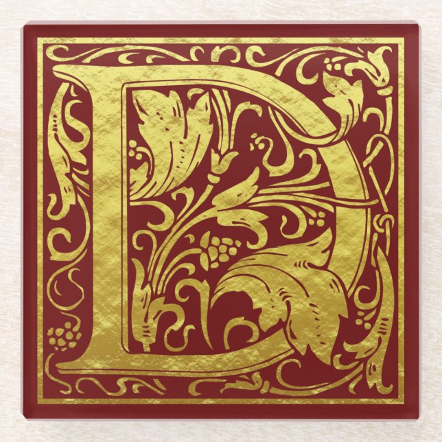 Letter D First Letter Faux Gold Red Glass Coaster (Front)