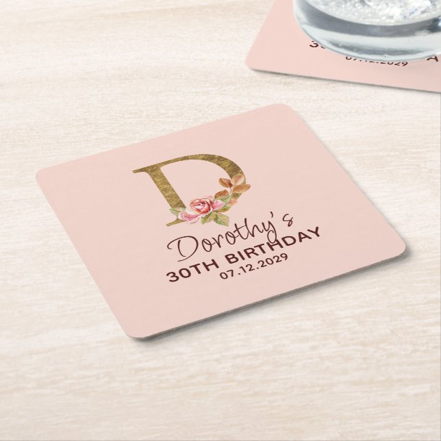 Letter D Gold Monogram Blush Pink Roses Square Paper Coaster (Angled)