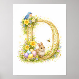 Letter D Gold Spring Nature Monogram Blue Bird Poster