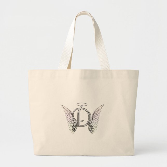 Letter D Initial Monogram with Angel Wings & Halo Large Tote Bag (Front)